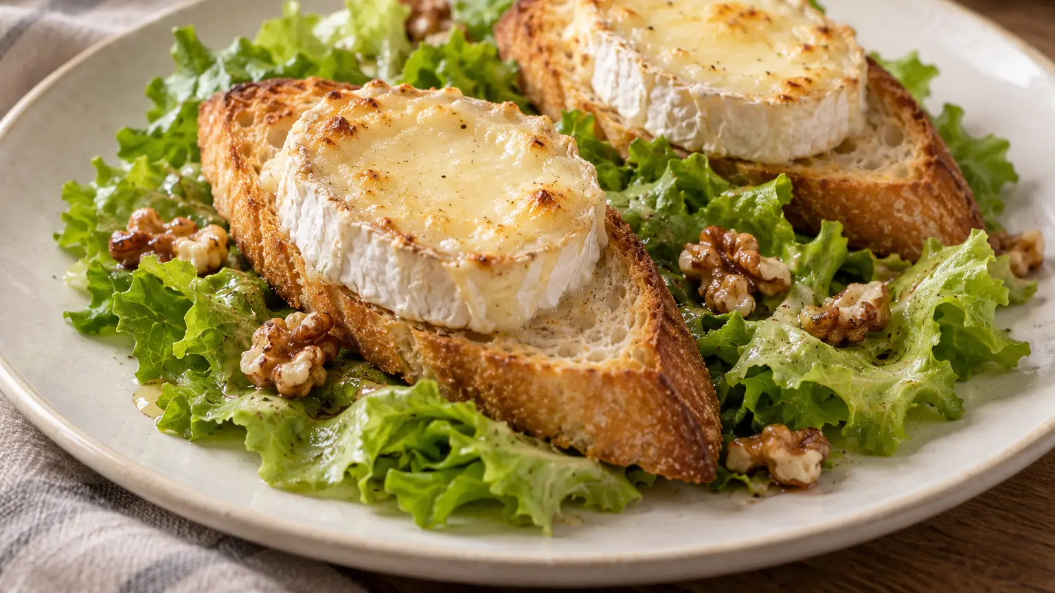 Due crostini al formaggio di capra sulla lattuga verde con noci tostate