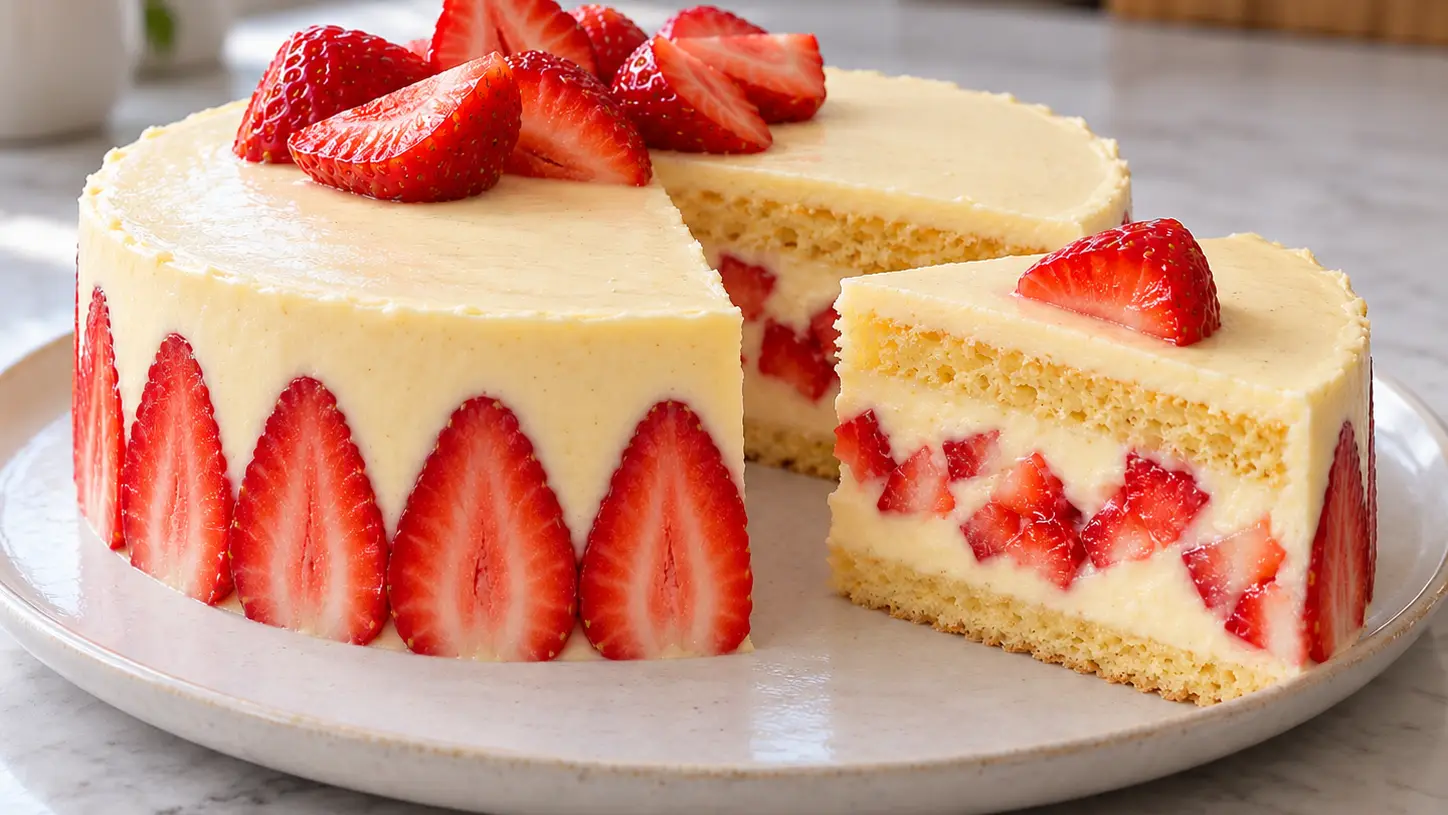 Fraisier met vanillecrème en halve aardbeien langs de zijkanten versierd met verse vruchten