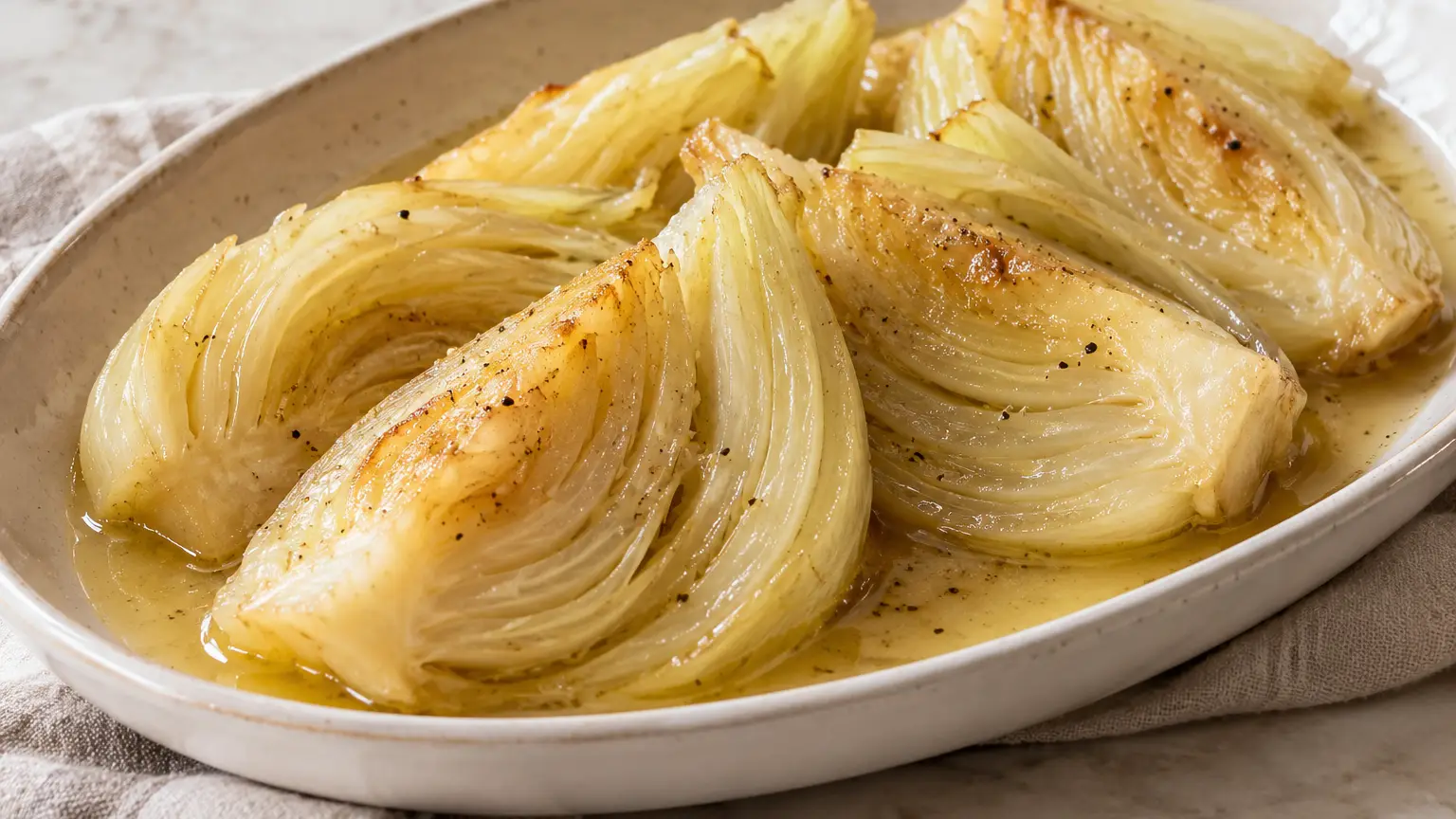 Tender fennel wedges with golden edges topped with a pale wine and lemon sauce