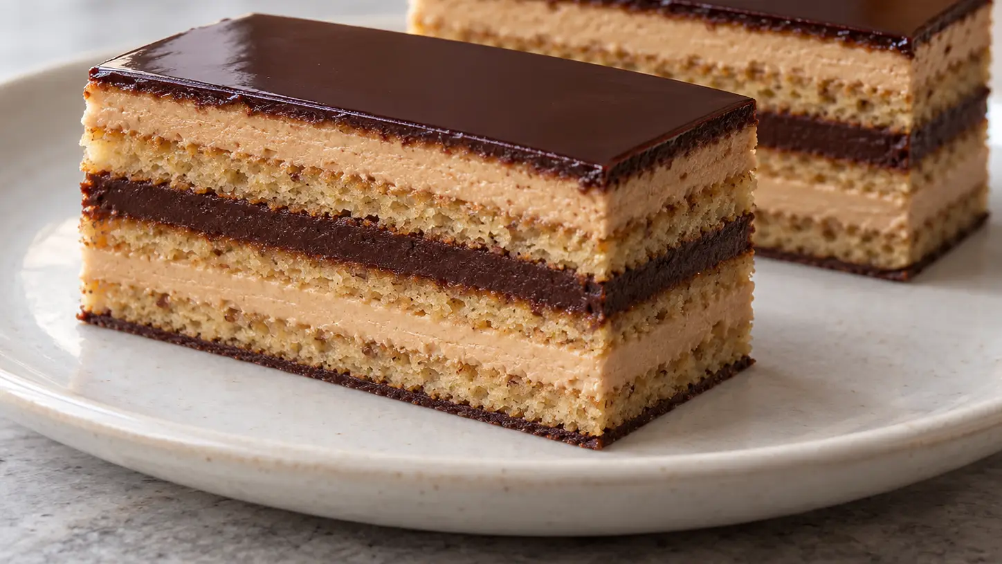 Porzione rettangolare di Opéra con biscotti alle mandorle, crema al caffè, ganache e glassa scura liscia