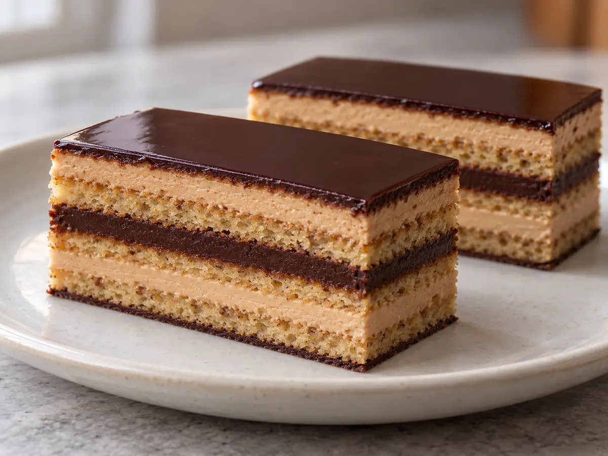 Opera — amandelgebak met koffiebotercrème en chocolade