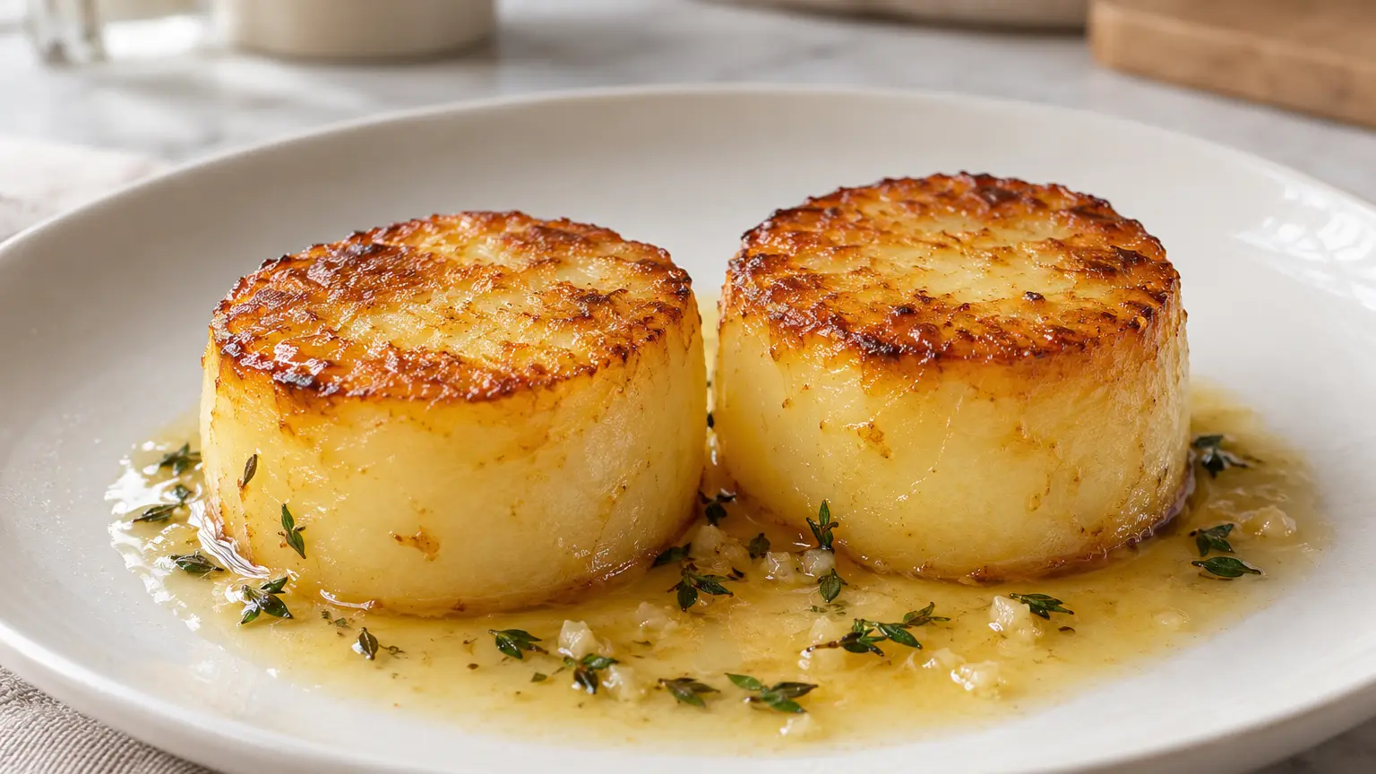 Twee dikke aardappelstukken met een goudbruine bovenkant in botersaus met knoflook