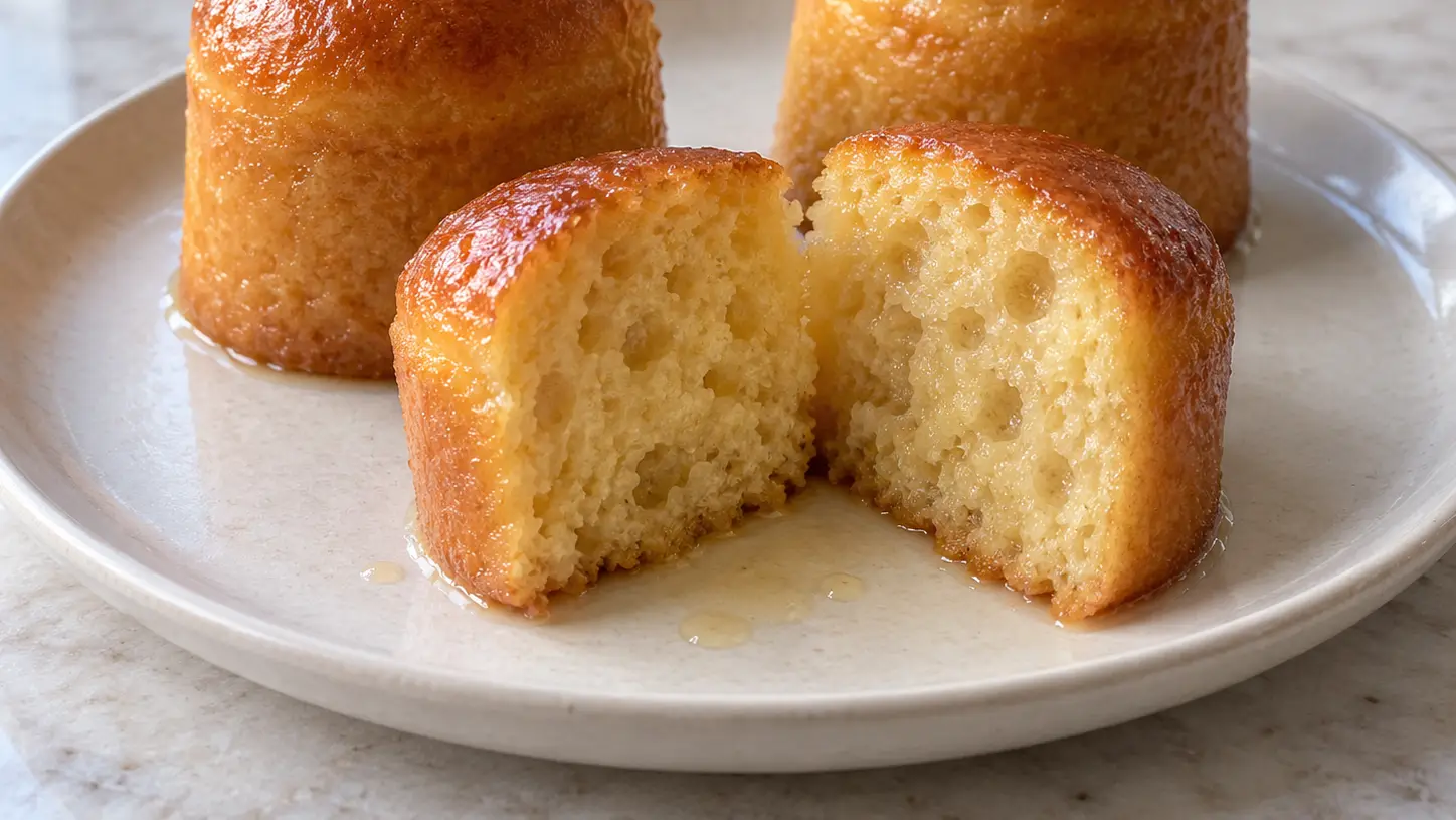 Goudgele baba au rhum gedrenkt in vanillesiroop met rum en zichtbaar vochtige kruim