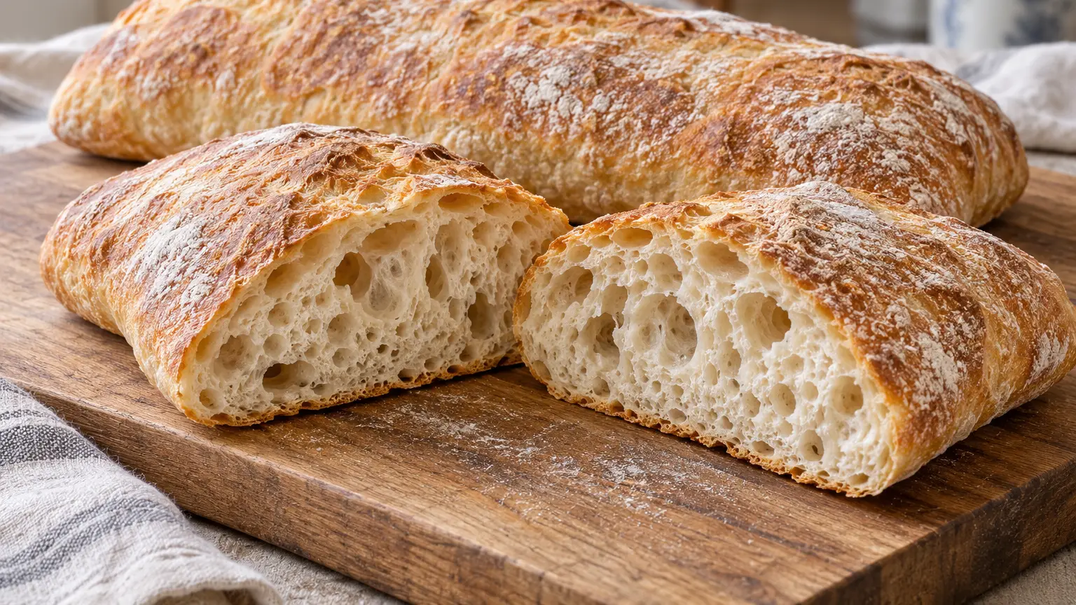 Due ciabatte dorate, una tagliata con la mollica chiara e alveolata visibile