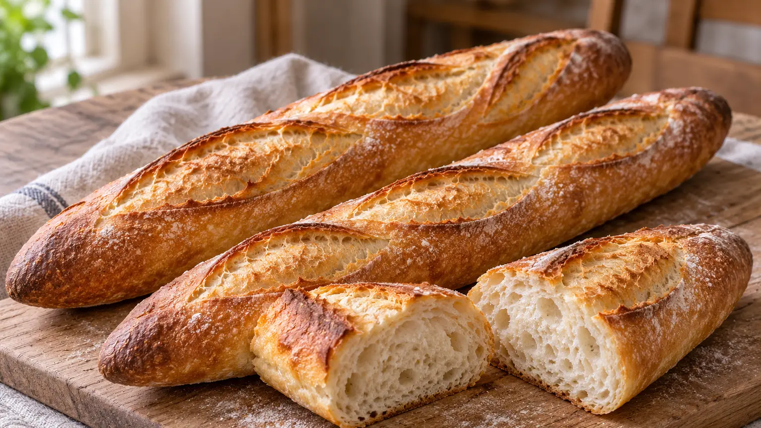 Tre baguette dorate con tagli aperti, una tagliata con la mollica alveolata visibile