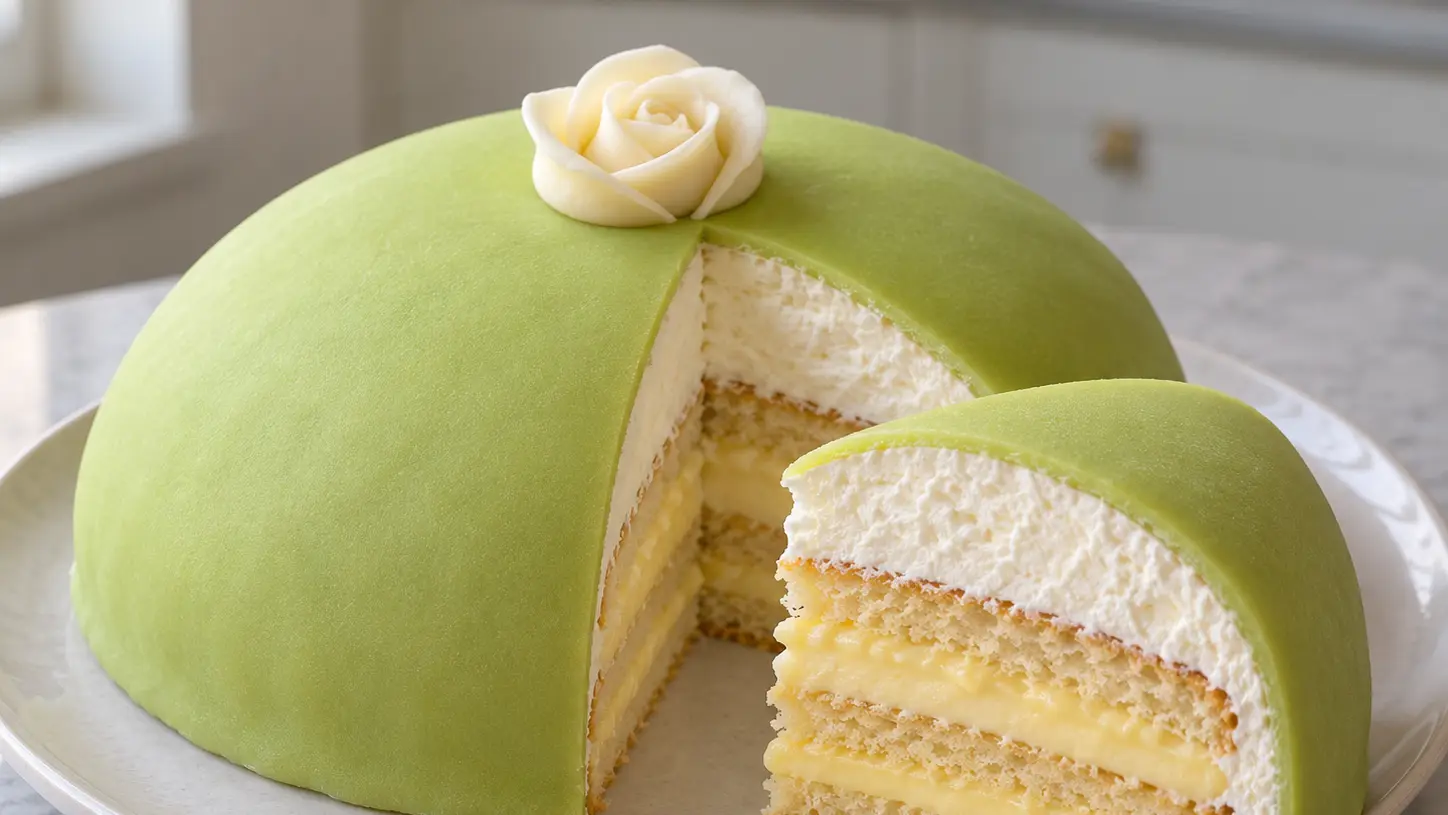 Prinsesstårta verde, rosa bianca di marzapane e fetta con pan di Spagna, crema e panna
