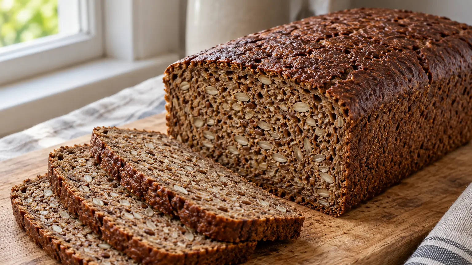Roggebrood met bruine korst en dunne sneetjes met zichtbare zonnebloempitten