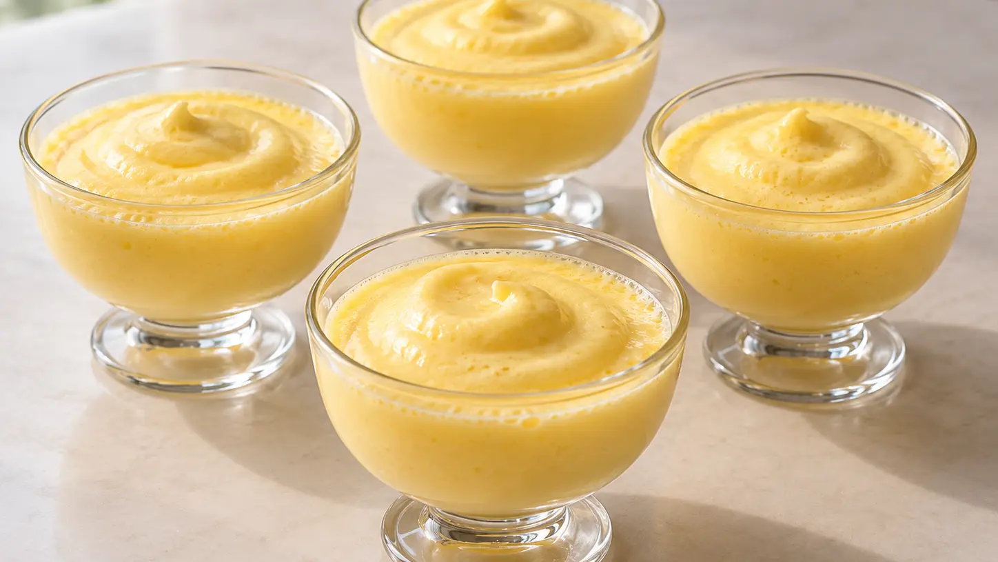 Zabaglione soffice di colore dorato chiaro al Marsala servito caldo in piccole coppette senza aggiunte
