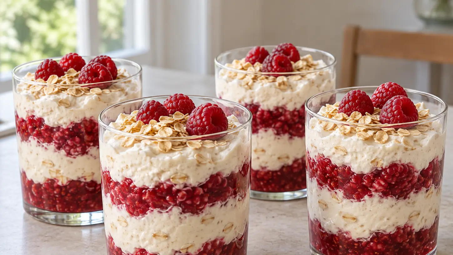 Cranachan con strati di lamponi e crema al miele decorato con frutta fresca e avena tostata