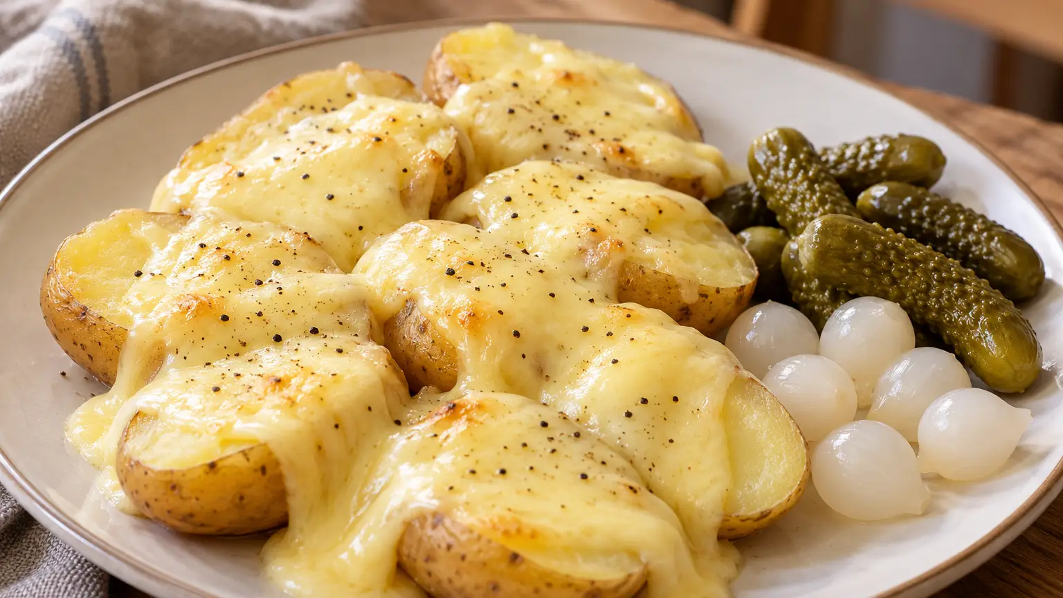 Patate calde sotto raclette fusa con cetriolini e cipolline bianche sottaceto