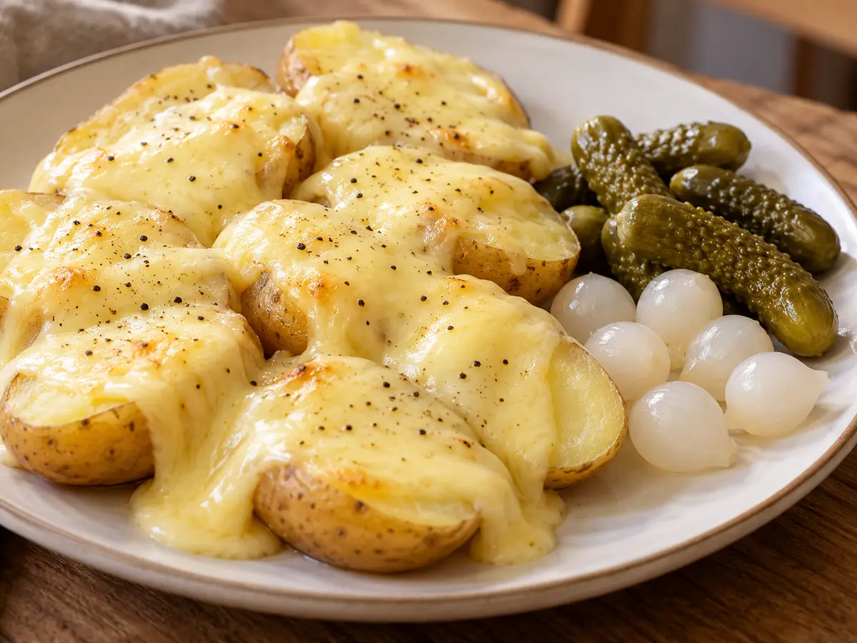 Raclette z ziemniakami, korniszonami i marynowanymi cebulkami