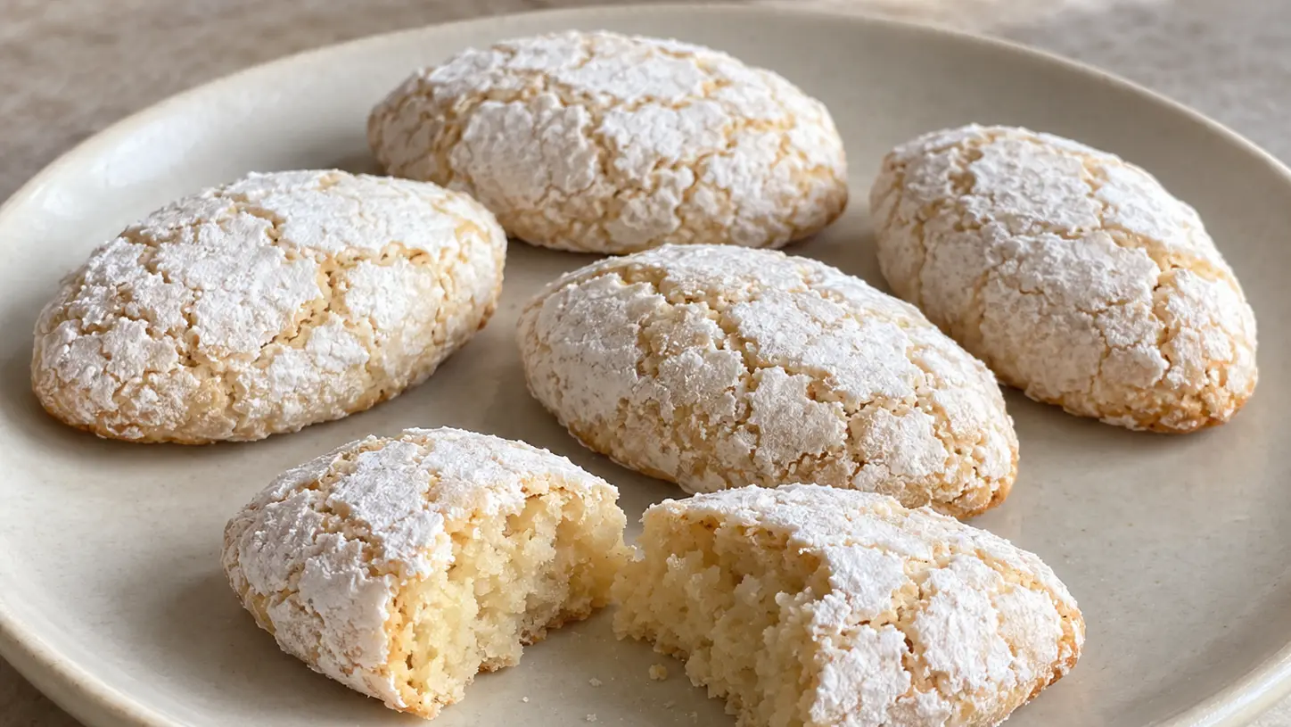 Ricciarelli ovali e chiari con zucchero a velo screpolato e morbido cuore di mandorla