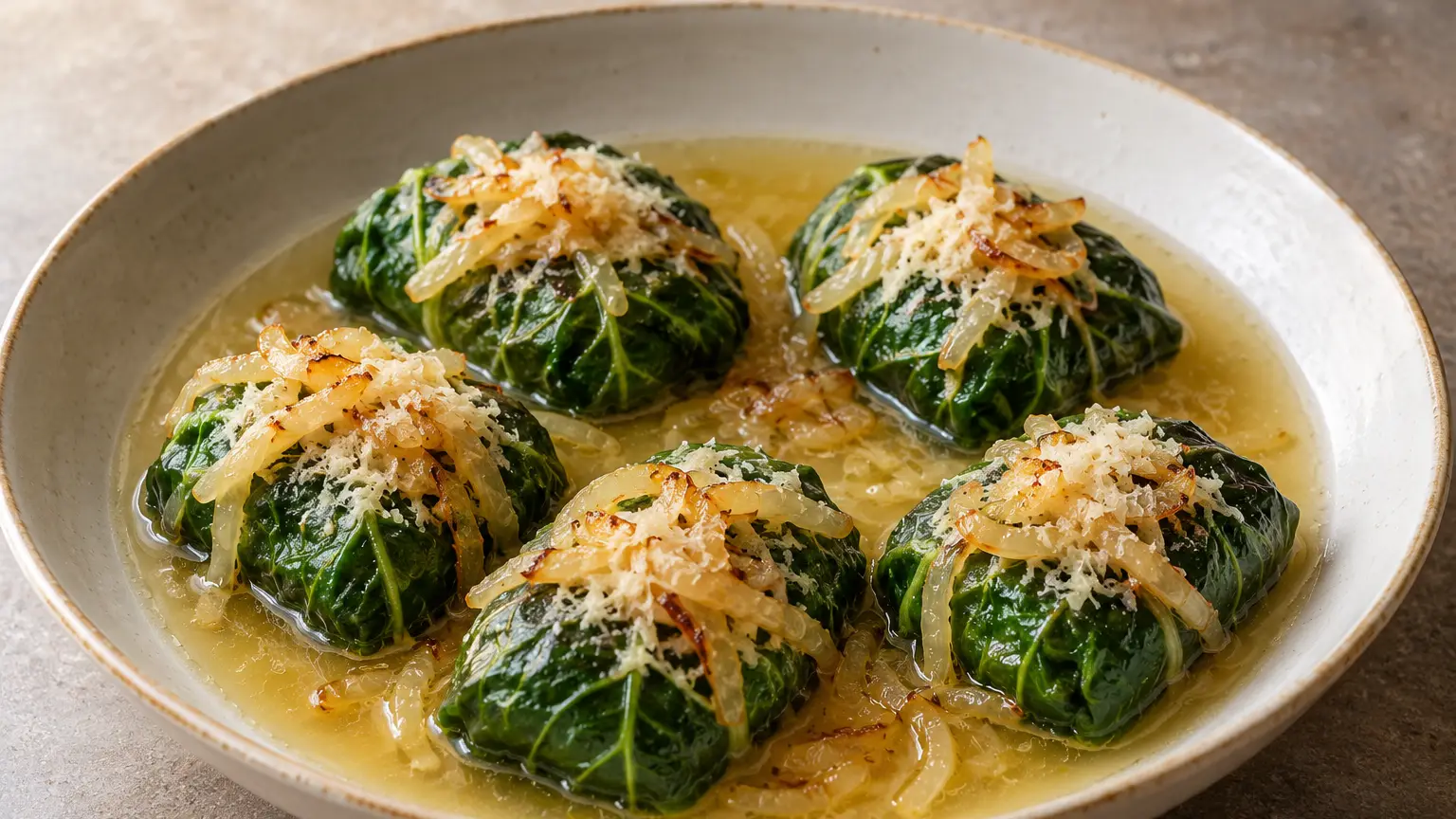 Capuns verdi in brodo chiaro con gruyère grattugiato e cipolla dorata nel burro
