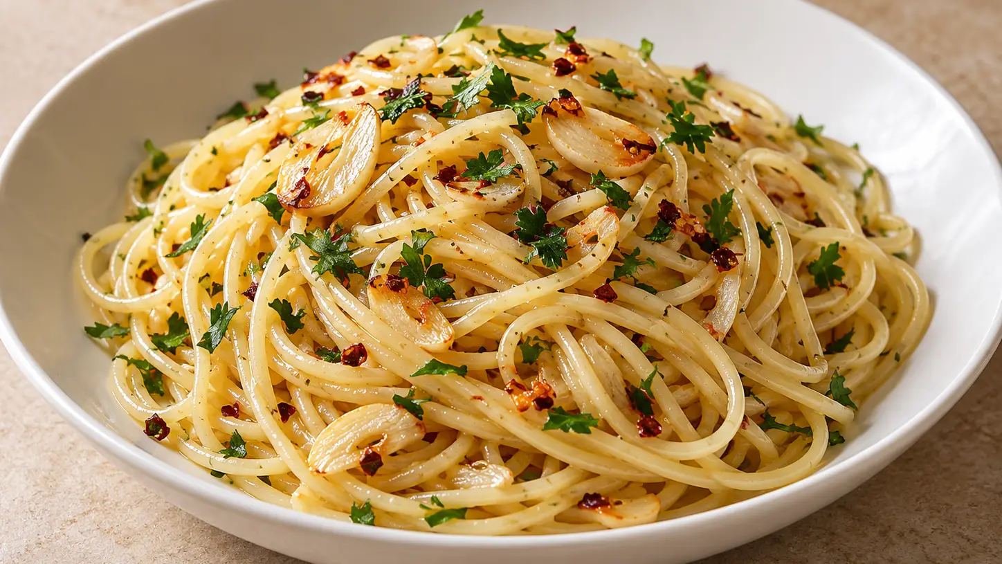 Spaghetti omhuld met olijfolie, licht goudgele knoflook, chilivlokken en gehakte peterselie