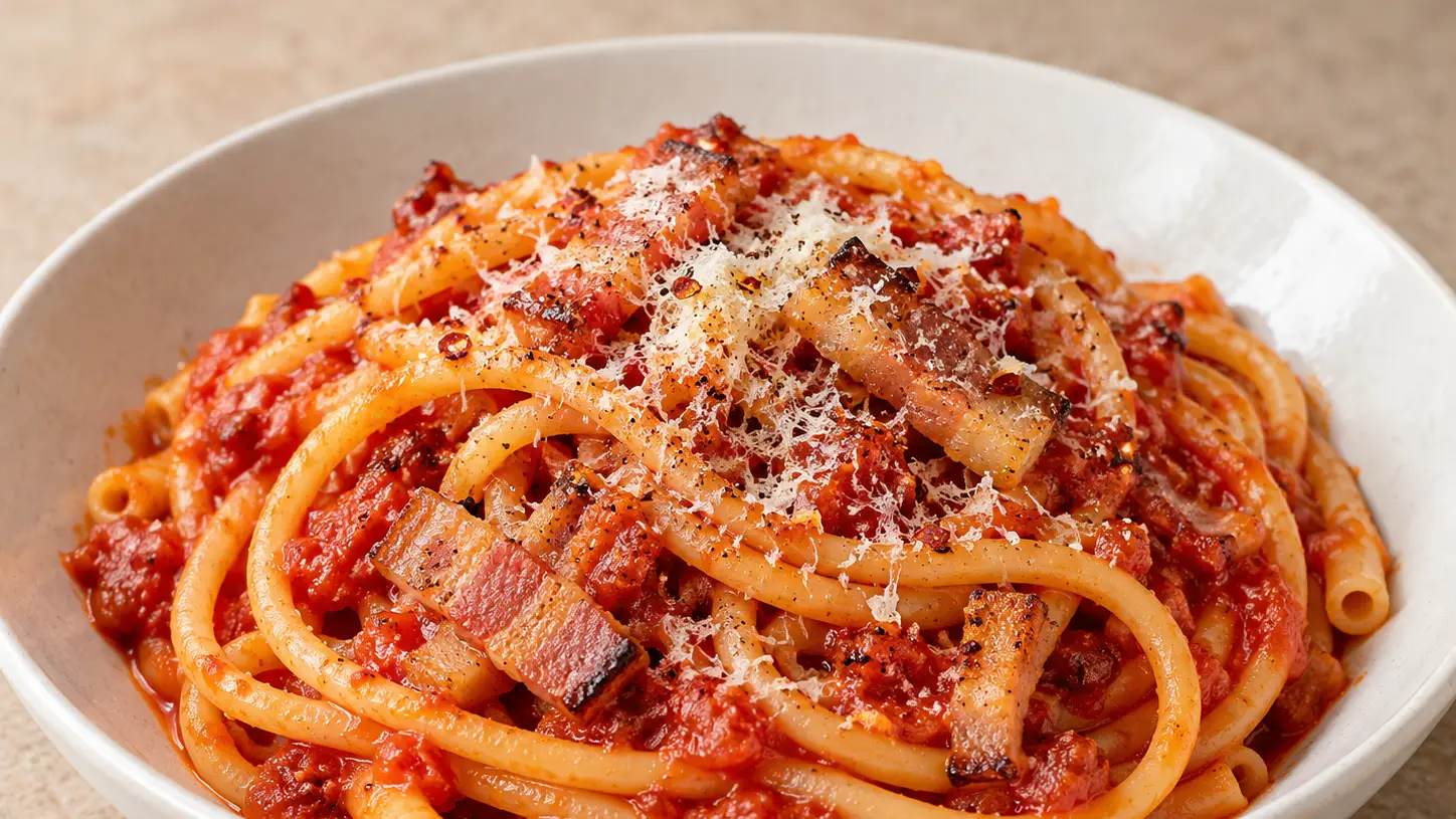 Bucatini met rode tomatensaus, gebruinde guanciale en fijn geraspte pecorino