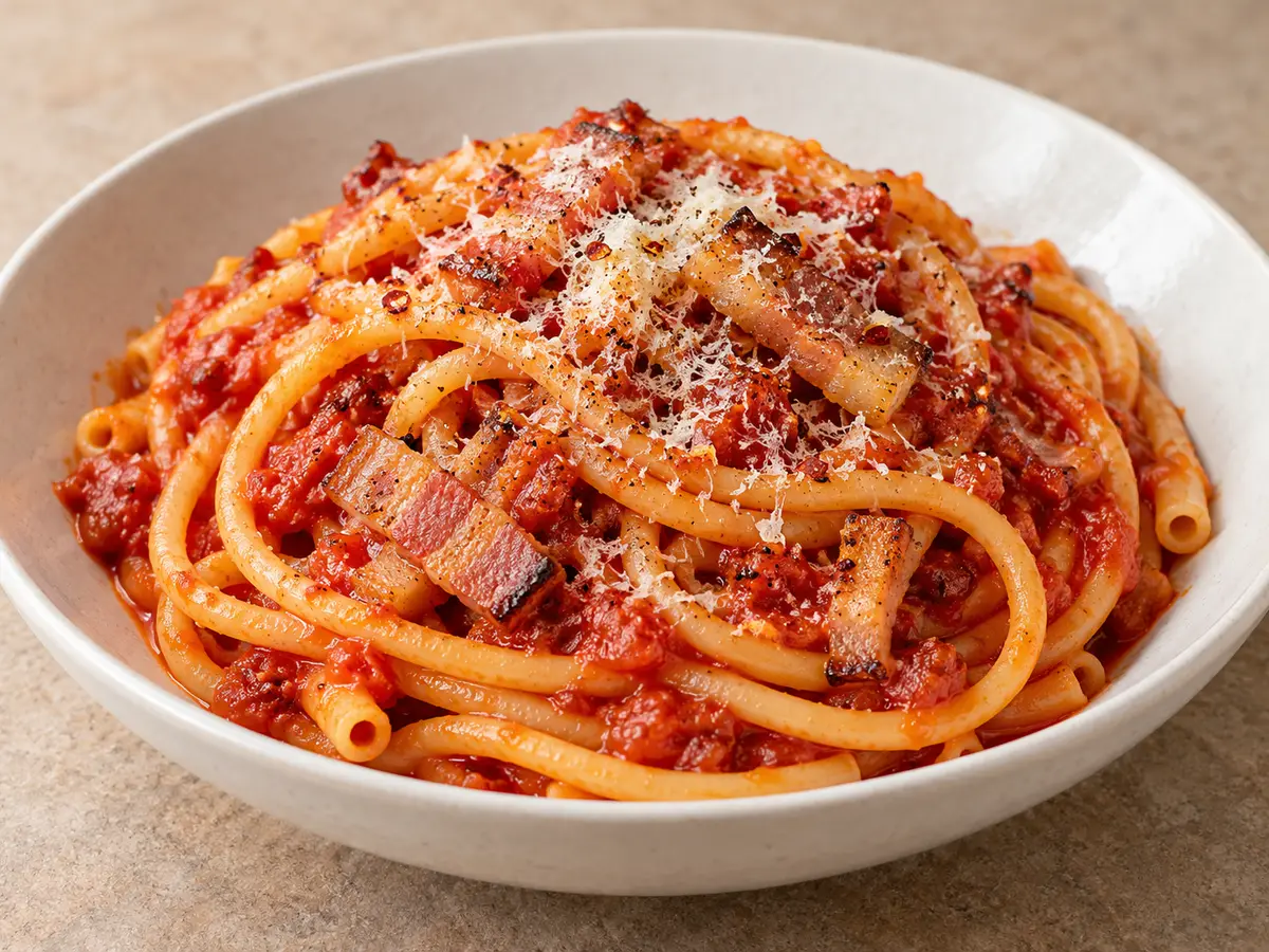 Pasta all’amatriciana — bucatini con guanciale, pomodori e pecorino