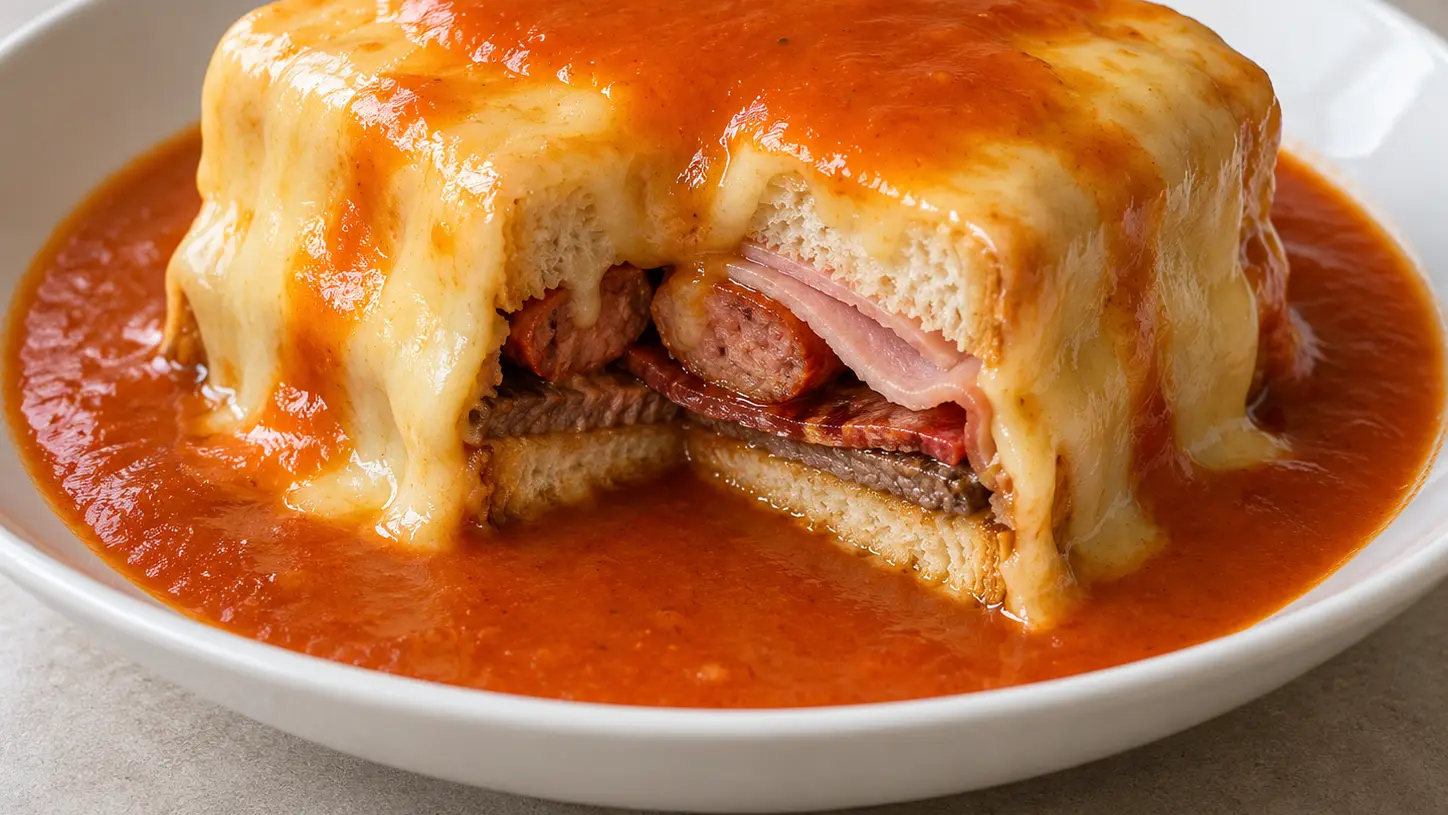 Panino di carne al forno sotto formaggio fuso, ricoperto di salsa rossa liscia