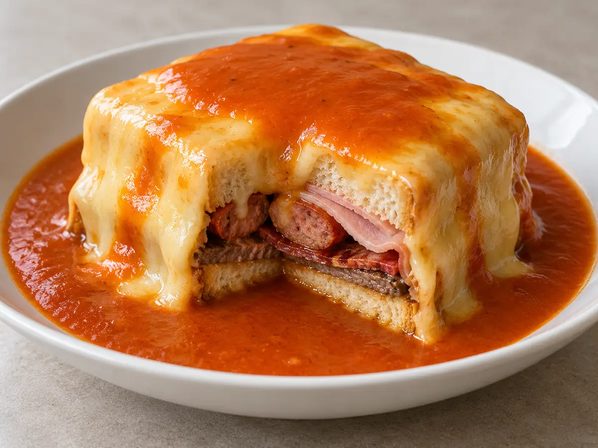 Francesinha — panino portoghese con carne, formaggio e salsa senza alcol