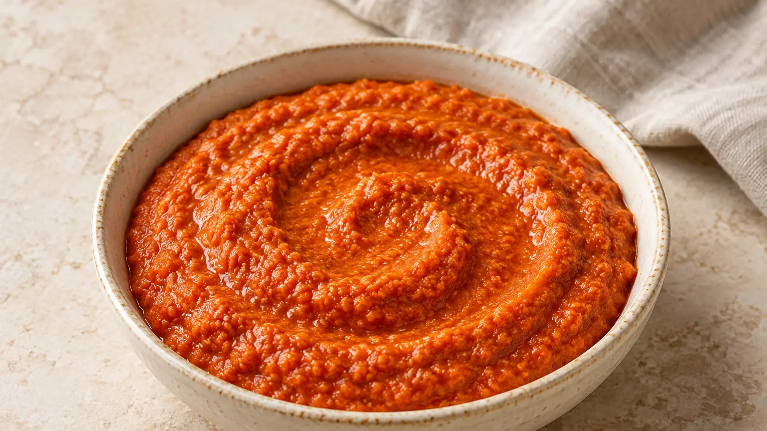 Salsa romesco catalana con peperoni rossi arrostiti pomodori e mandorle in una semplice ciotolina