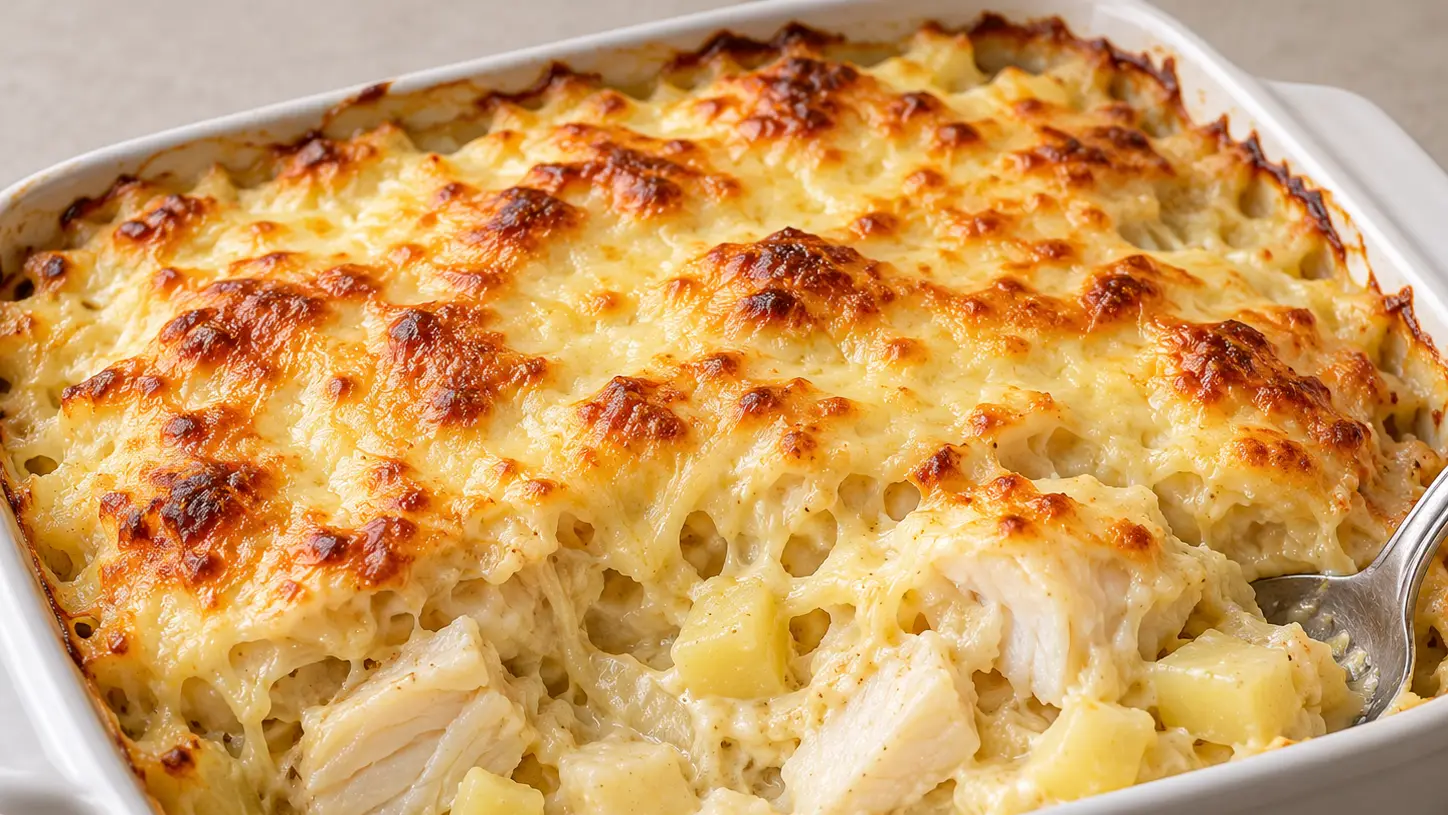 Gratin cremoso di baccalà e patate sotto una copertura di formaggio dorato