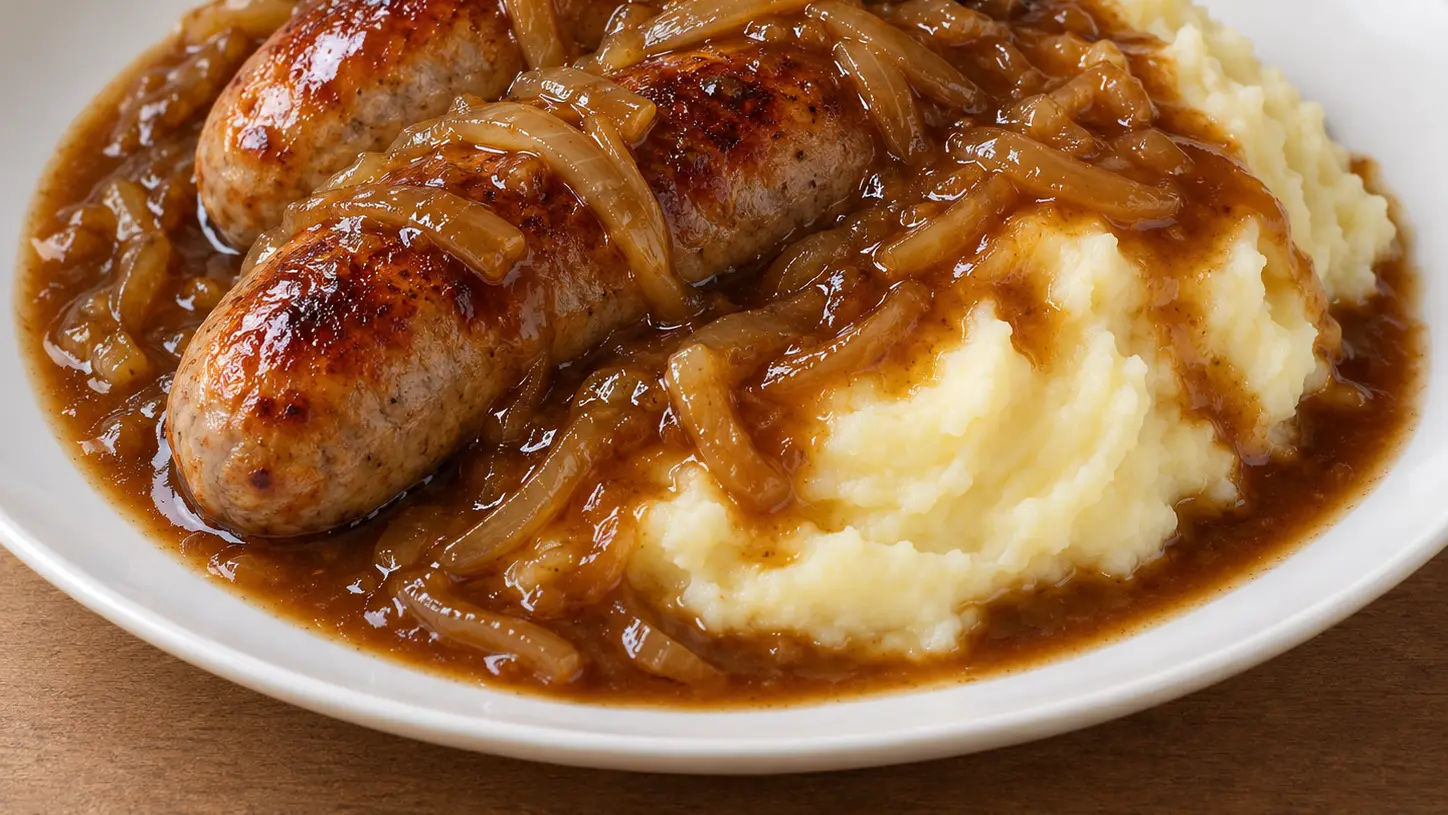 Salsicce di maiale dorate con purè al burro e salsa bruna densa alle cipolle