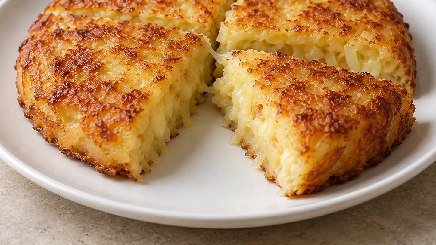 Goudbruine aardappel-Montasiofrico met een opzijgeschoven stuk dat de zachte binnenkant laat zien