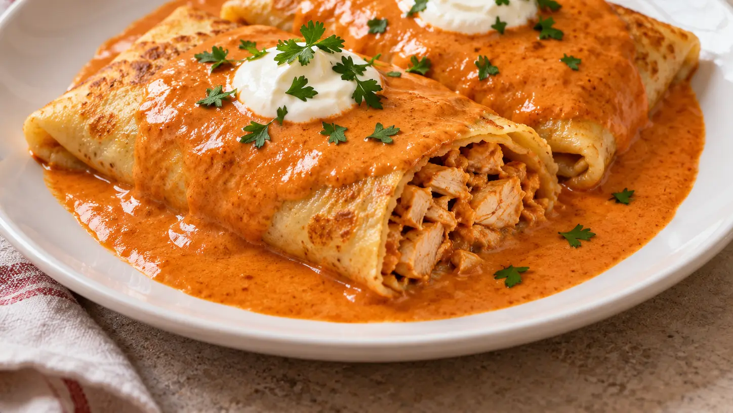 Due fagottini di crespelle al pollo in salsa cremosa alla paprika con panna acida e prezzemolo