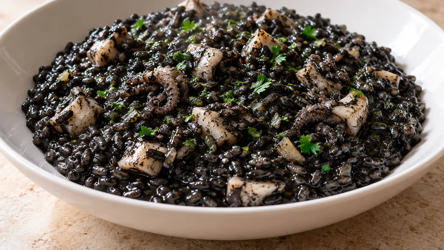 Romige zwarte risotto met stukjes zeekat en fijngehakte verse peterselie