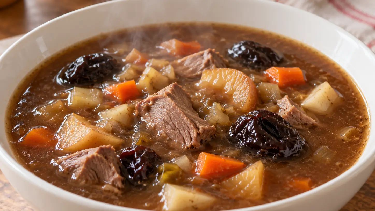 Czernina bruna con pezzi d'anatra, frutta essiccata morbida e verdure cotte