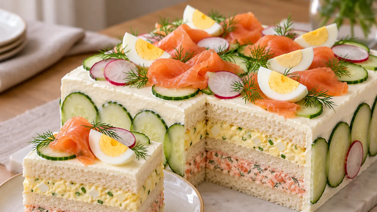Torta tramezzino svedese quadrata con salmone, uova, cetriolo, ravanelli e aneto