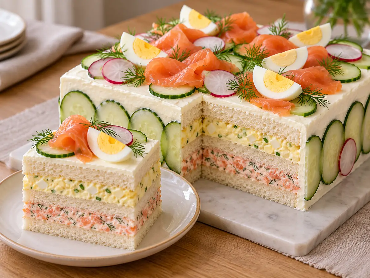 Smörgåstårta — Zweedse sandwichtaart met zalm en eieren
