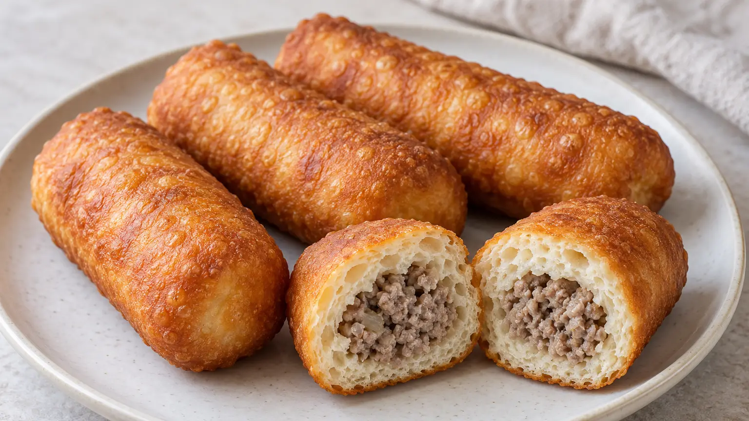 Zelfgemaakte gefrituurde vleesbroodjes uit Szczecin met goudbruine korst en een doorgesneden broodje met vleesvulling