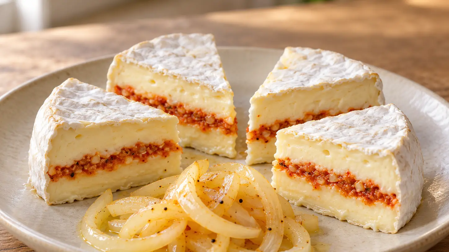 Quarti di hermelín ceco con ripieno rosso di aglio e paprika e cipolla marinata