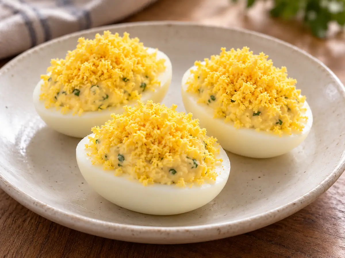 Uova mimosa — uova ripiene con soffici briciole di tuorlo