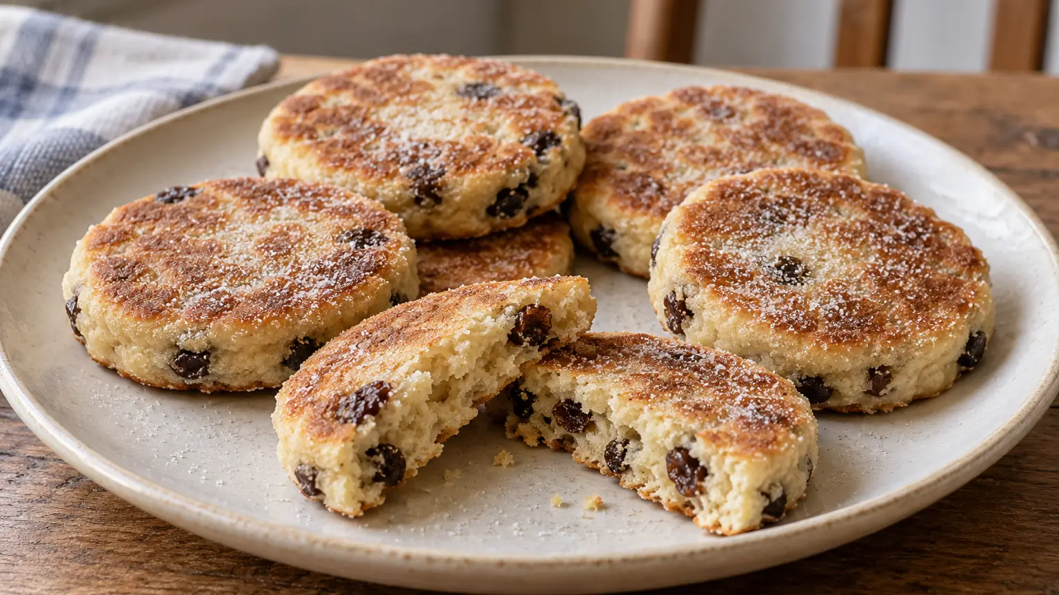 Welsh cakes gallesi dorati con uvetta e un velo di zucchero accanto a un dolcetto tagliato