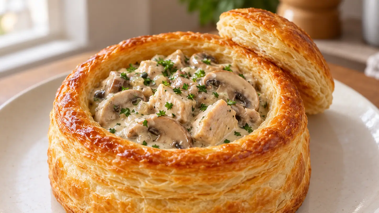Goudbruine vol-au-vent met kip en champignons in romige saus, een dekseltje en peterselie