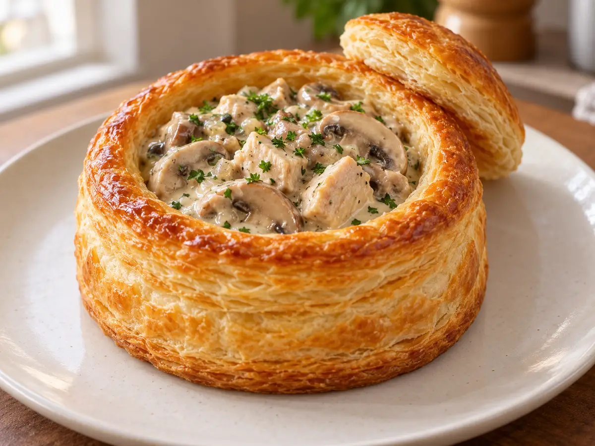 Vol-au-vent — cestini di sfoglia con pollo e funghi champignon
