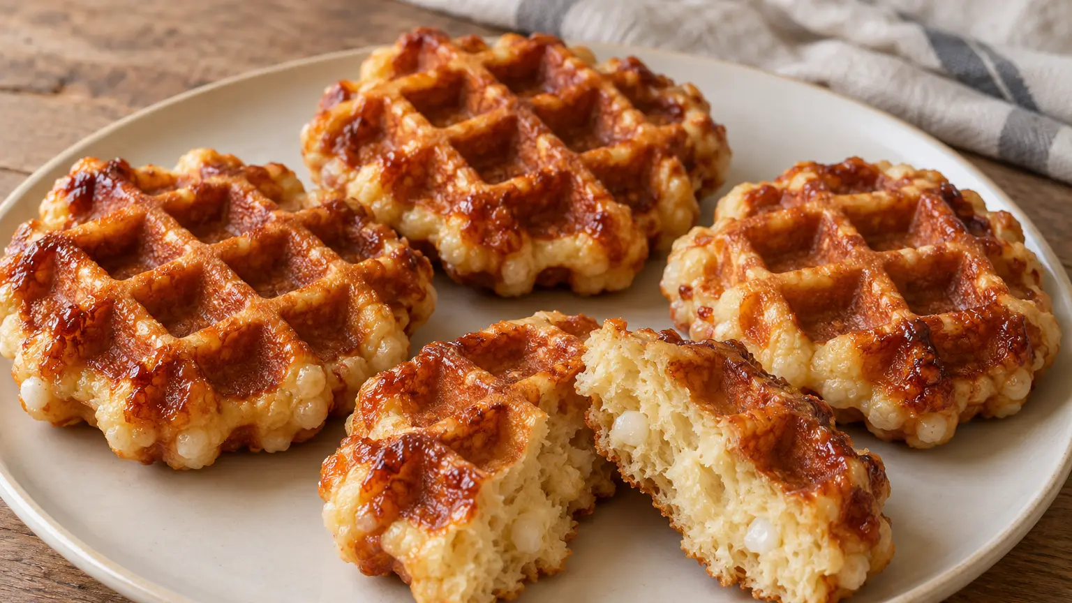 Luikse wafels met ronde randen, amberkleurige karamel en een boterige kern zonder extra's