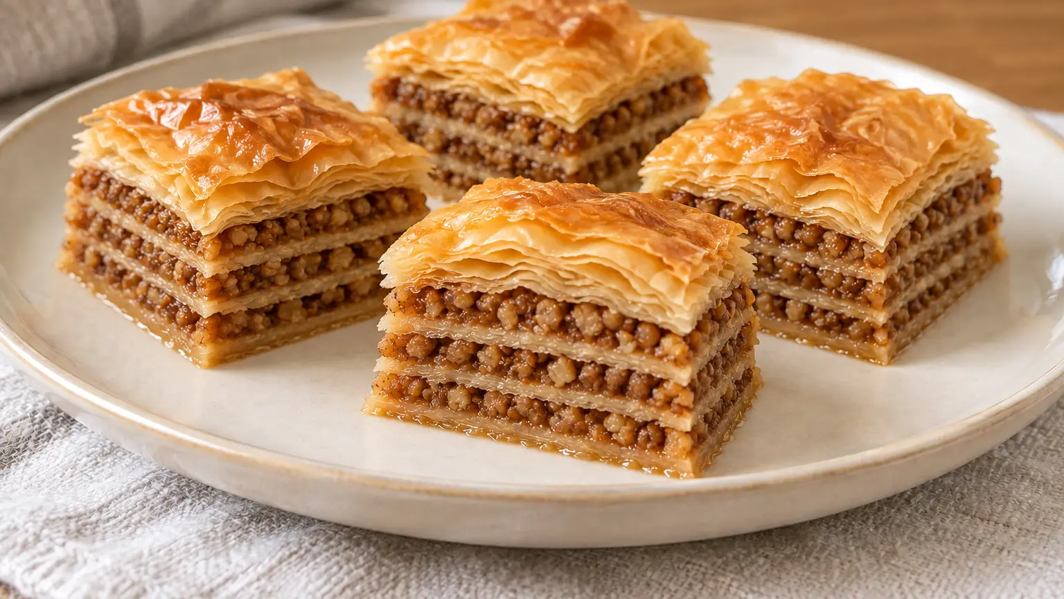 Baklava squares with crisp golden phyllo and three walnut layers served without extras