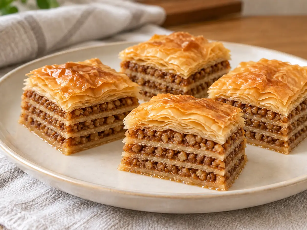 Baklava — crisp phyllo layers with nuts and syrup