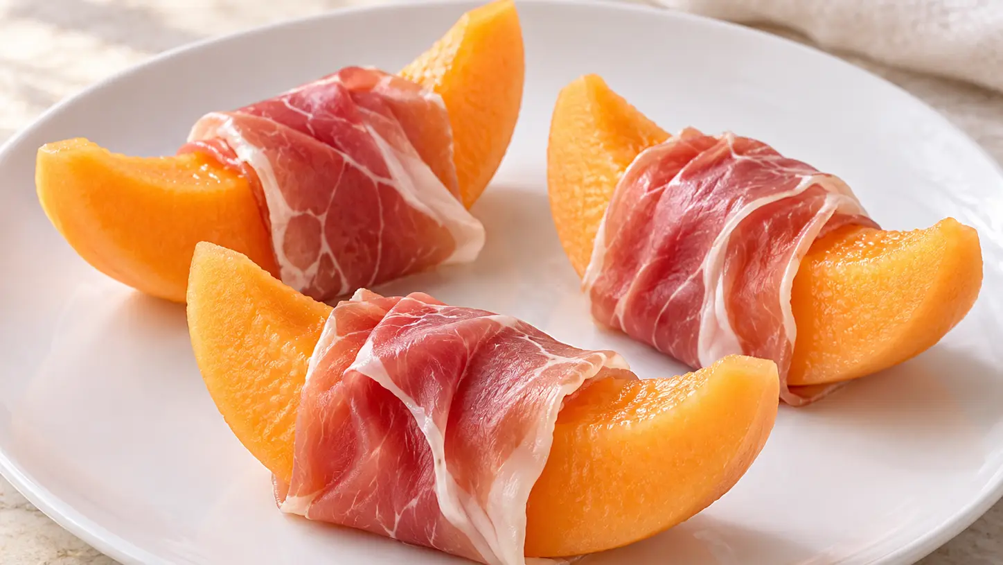 Drie sappige oranje meloenparten met dunne prosciutto in zachte plooien