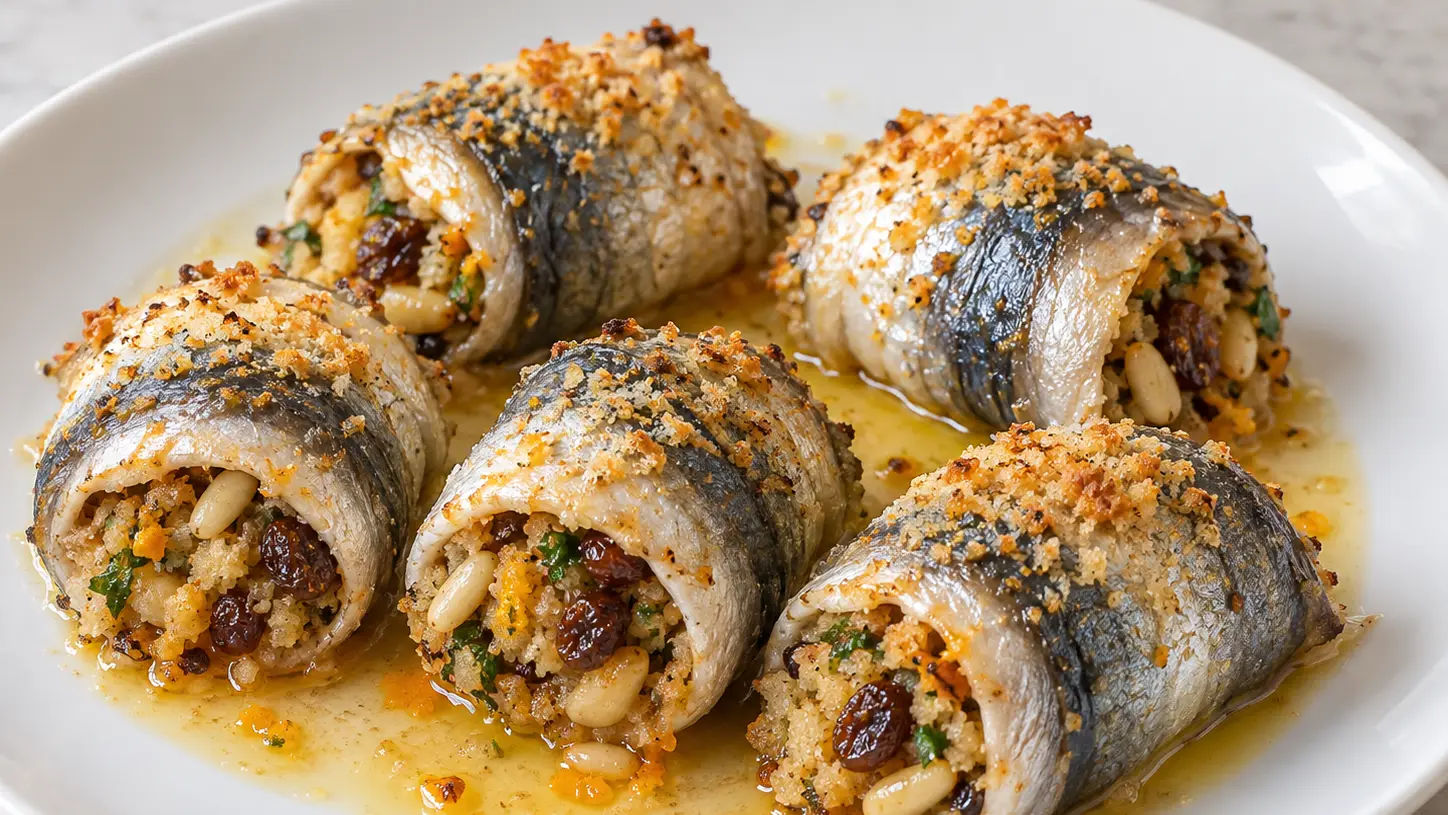 Siciliaanse sardinerolletjes met rozijnen en pijnboompitten onder een goudbruin laagje paneermeel