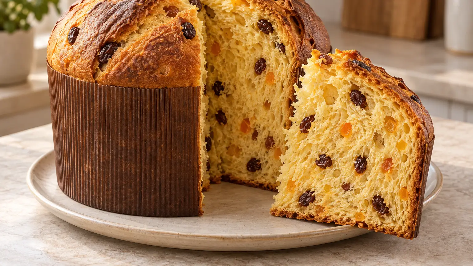 Panettone alto con cupola dorata scura e una fetta che rivela la mollica soffice con frutta