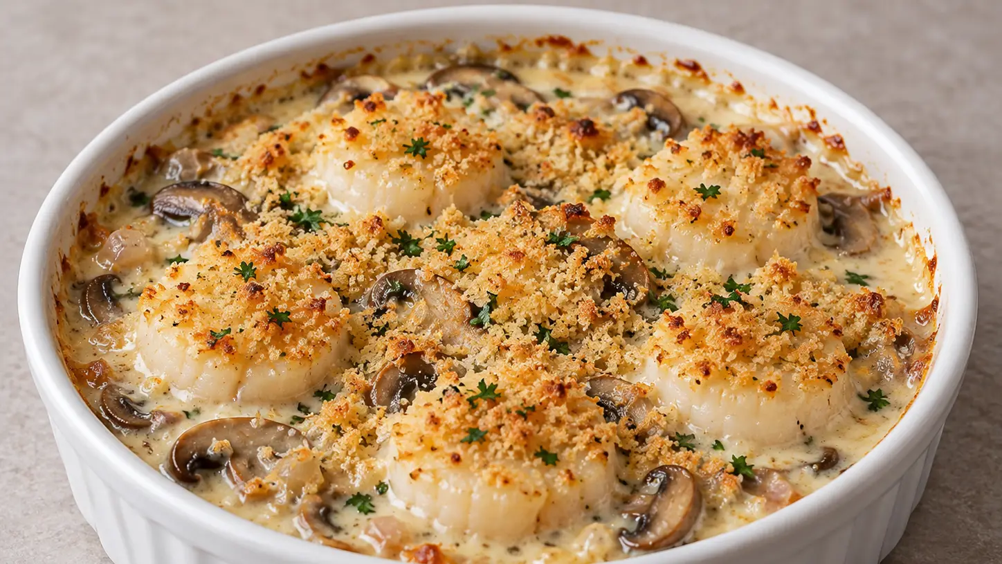 Capesante con funghi in salsa cremosa sotto pangrattato dorato al prezzemolo in una pirofila bassa