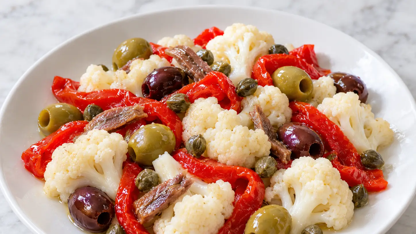 Napolitaanse salade van witte bloemkoolroosjes, rode paprika, olijven, kappertjes en ansjovis
