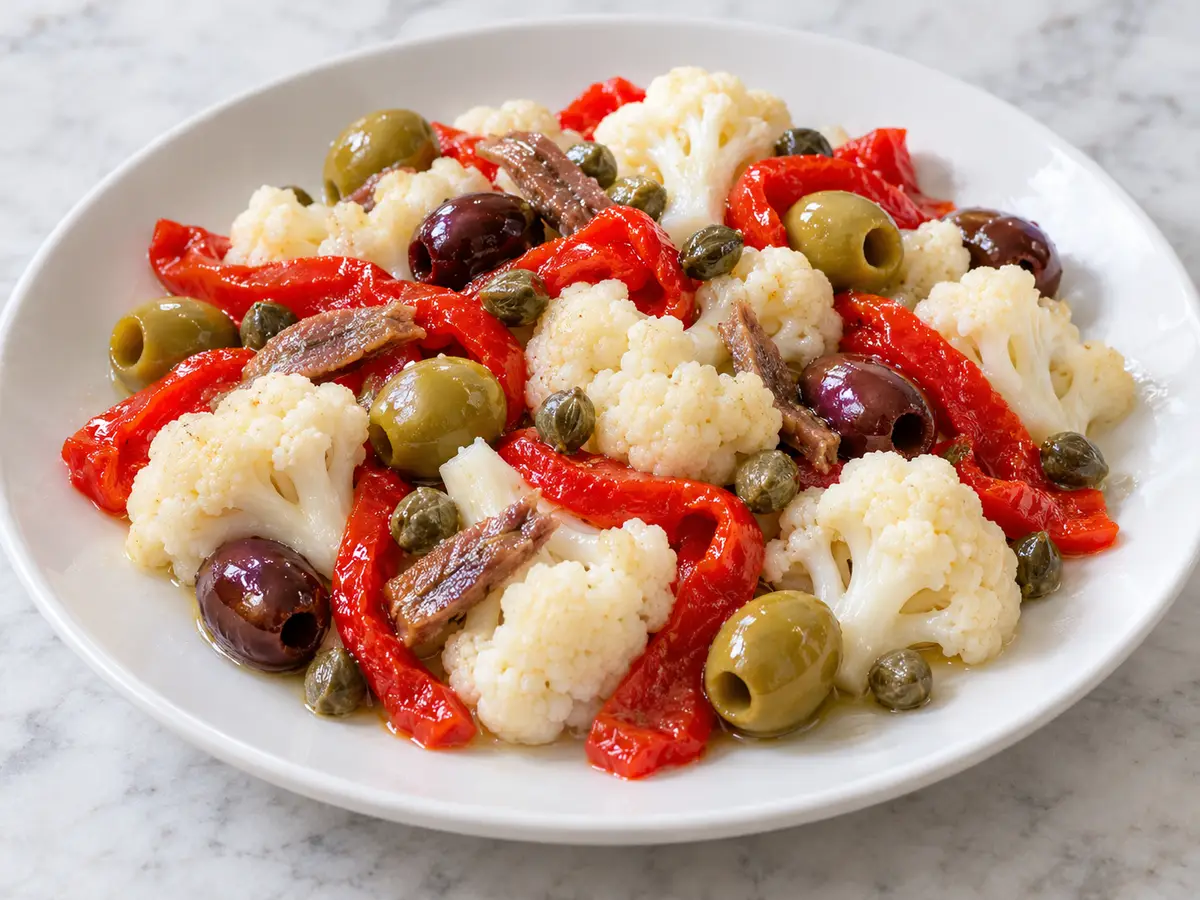 Insalata di rinforzo — salade van bloemkool, paprika op azijn en olijven