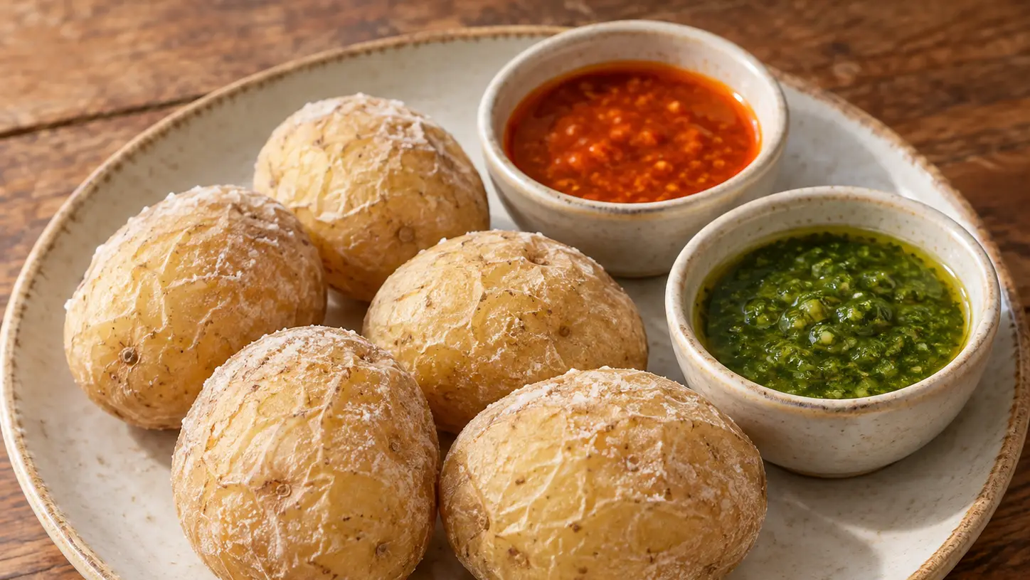 Patate delle Canarie con buccia rugosa salata e due ciotoline di mojo rosso e verde