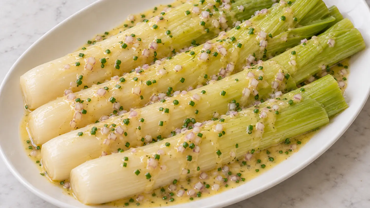 Porri tiepidi con vinaigrette chiara alla senape, scalogno tritato finemente ed erba cipollina