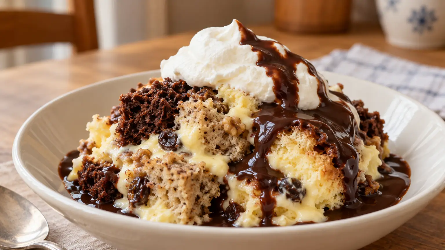 Somlói galuska: tre pan di Spagna spezzettati, crema vanigliata, salsa al cioccolato e soffice panna montata