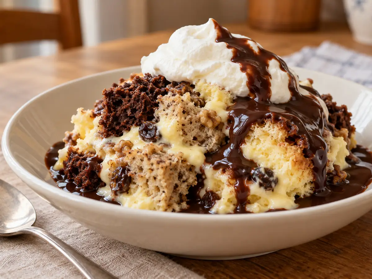 Somlói galuska — three sponges with vanilla custard and chocolate sauce